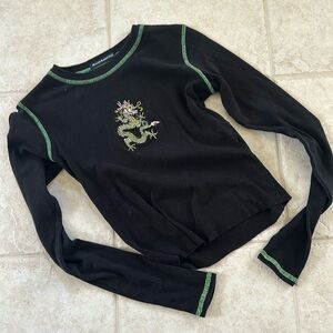 Brandy Melville Black Long Sleeve with Embroidered Dragon Design